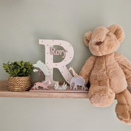 Neutral Baby Sign in Safari Animal Theme. Freestanding Wooden Letter.