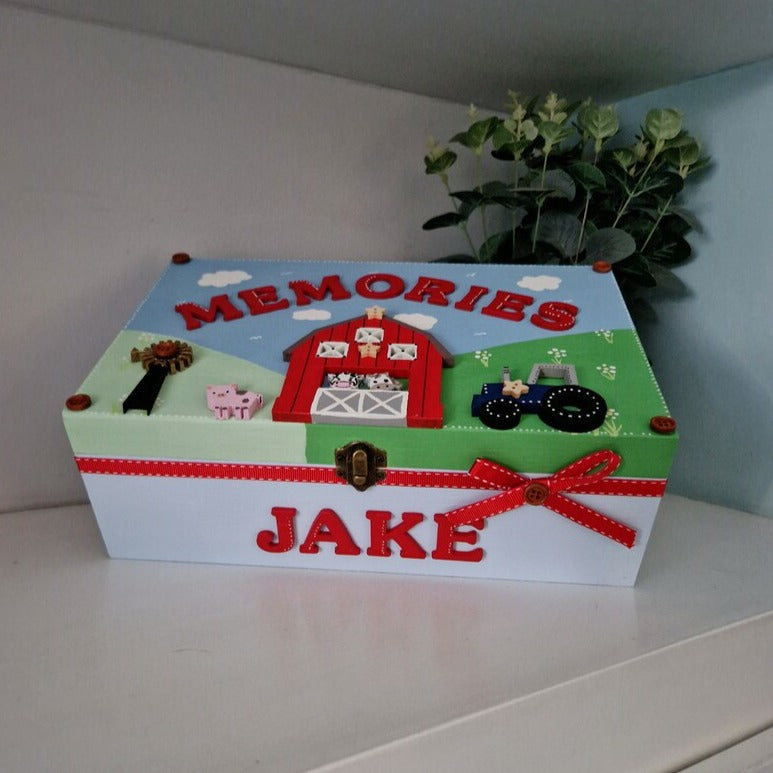 Colourful Farmyard Scene Personalised Childrens Memory Box with Tractor and barn personalised to any Name. Boys Gift