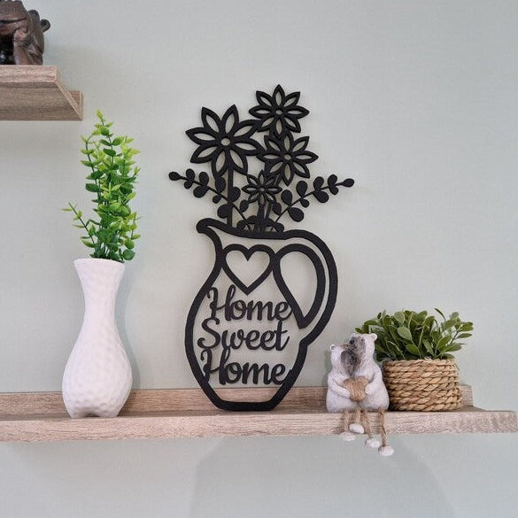 Home Sweet Home Welcome Sign in black floral vase theme. Housewarming gift.