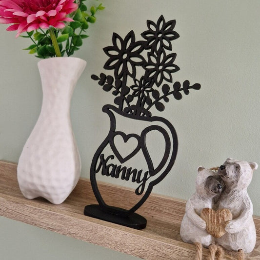 Black Silhouette Vase and Flowers personalised to Nanny. Nanny Gift