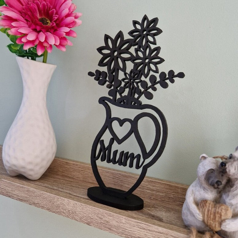 Black Silhouette Vase and Flowers with the wording Mum. Mothers Day gift