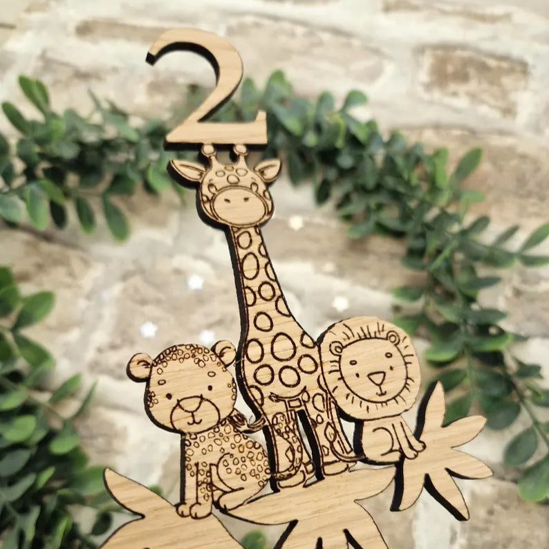 Wooden Safari Friends Cake Topper